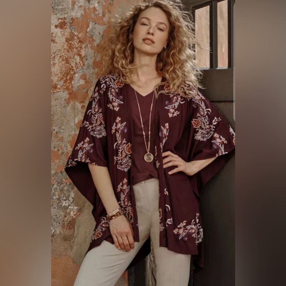 J. Jill Embroidered Paisley Ruana in Spiced Wine Size Small-Large